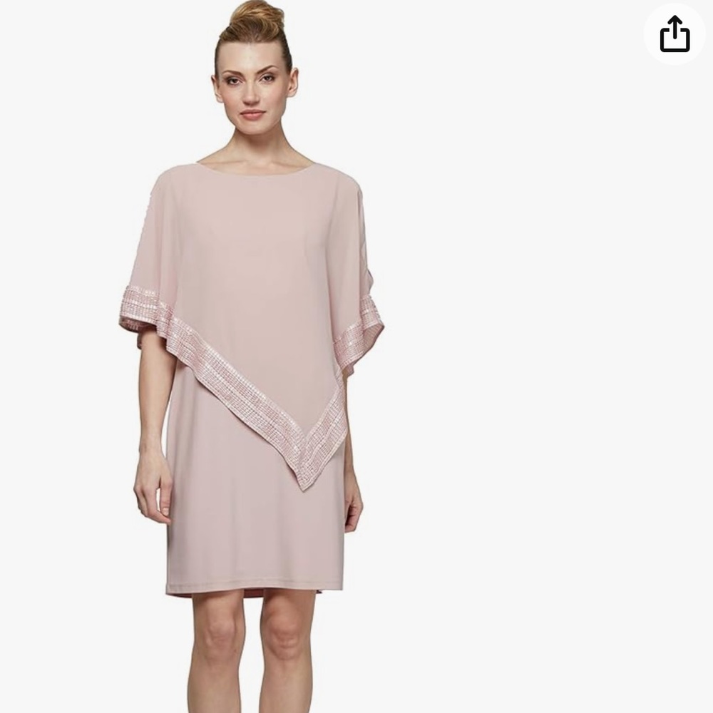 SLNY SL Fashion New York Short Capelet Overlay Dress with Metallic Trim, size 14